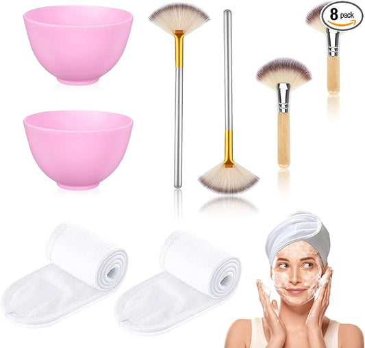8 Pcs Esthetician Supplies for Facials 2 Facial Fan Mask Brushes 2 Purple Silicone Facial Bowls 2 Spa Facial Headband Velcro 2 Fluffy Fan Brushes Facial Applicator Brush with Long and Short Handle