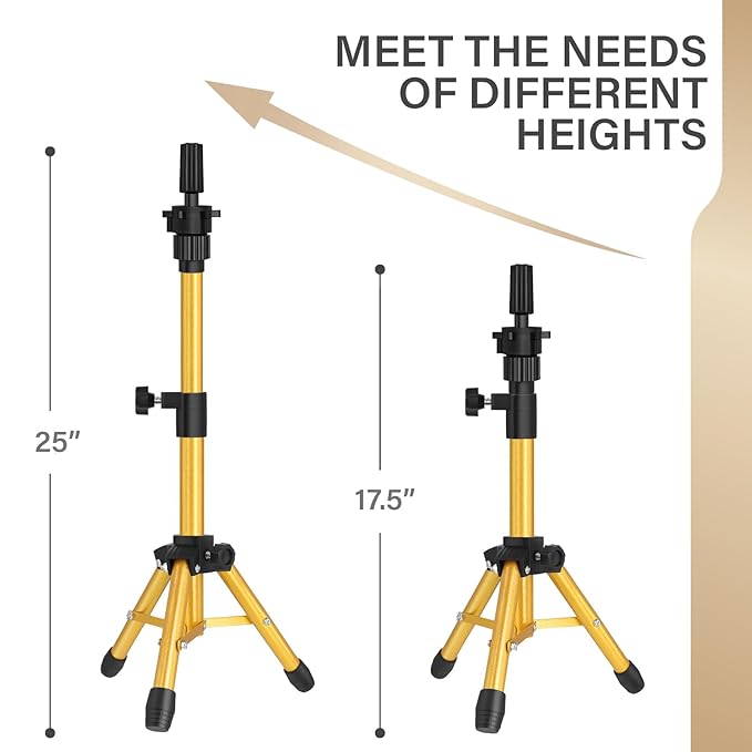 Wig Stand Tripod, 25 Inch Adjustable Mannequin Head Stand, Wig Head Stand for Training Heads And Canvas Block Head (Golden, Mannequin Head Not Included)