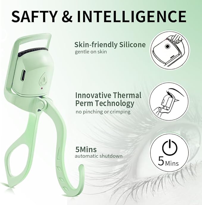 Heated Eyelash Curler, Fast 5s Heat up, 24 Hours Long Lasting, Rechargeable Electric Lash Curler, Temperature Control, Safe Anti-Burn Eye Lash Curler, Quick Natural Curling Lashes (Green)