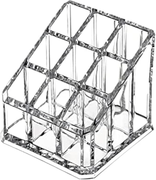KW Collection Acrylic Makeup Organizer Cosmetic Storage Display Case Makeup Brush Holder Organizer Lipstick Dispenser Canister Bathroom Container (3.5 x 3.5 x 2.6 in, 9 Partitions, Transparent)