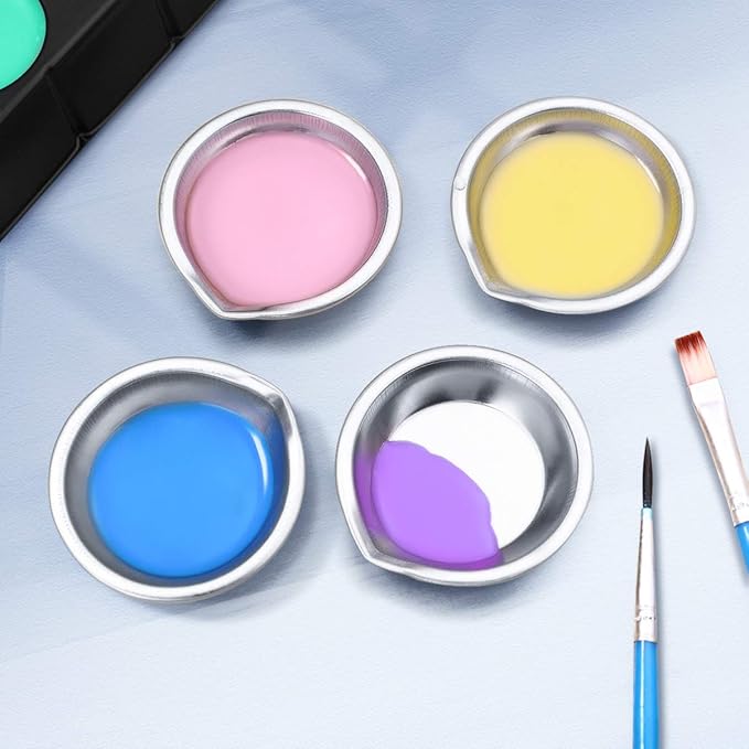DOITOOL 12 PCS Stainless Steel Painting Color Palette, with Mouth 2 inch Painting Trays Makeup Palette Watercolors Small Round Mixing Palette Paint Tray, Pigment Mixing Cups for DIY Art Craft