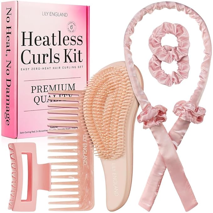 Lily England Heatless Hair Curlers to Sleep In - No Heat Curling Gift Set Includes Satin Headband, Hair Clip, Comb & 2 Scrunchies - Sleek & Smooth Overnight Curls (Peach, 6 Pack)