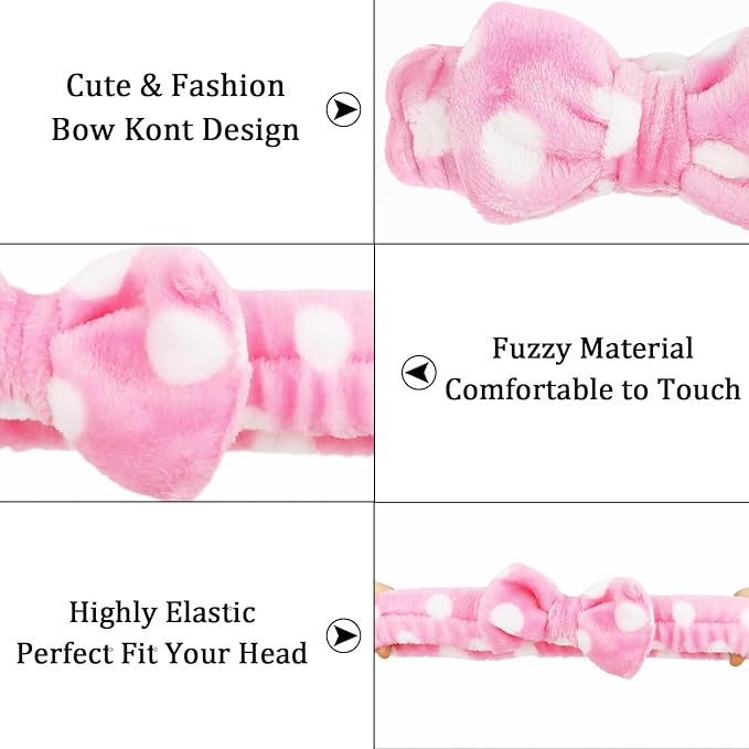 10 Pack Pink Bow Skincare Headbands - Plush Spa Headbands for Women & Girls with Polka Dot & Solid Designs for Valentine's Day, Skincare, Yoga, and Party Favors