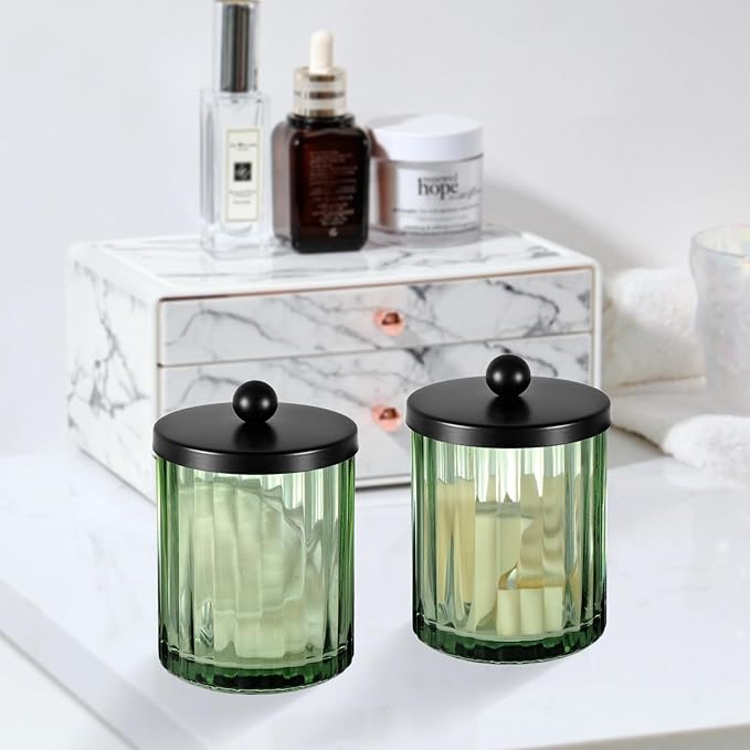 Amolliar Sage Green Glass Apothecary Jar, Qtip Holder Dispenser for Cotton Swabs, Balls, Makeup Pads, Floss Picks, Bathroom Essential Accessories, Countertop Canister Storage Organizer (Black, 2 Pack)