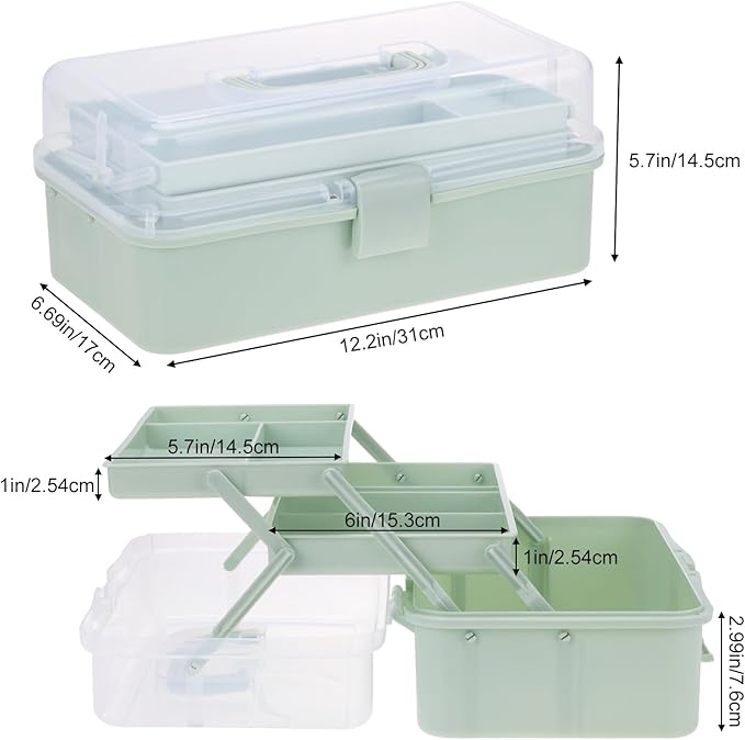 OUTUXED 12.5inch 3-Layer Multipurpose Craft Organizers, Portable Folding Toolbox, Plastic Tool Box with Handle for Sewing Supplies, Medicine, Art Supplies, Nails and Hair Accessories(Haze Green)