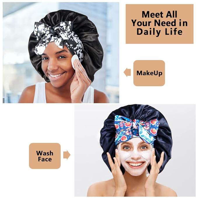 2pcs Large Silky Bonnets with tie Band Braid Bonnet, Satin Bonnet for Sleeping Curly Hair, G