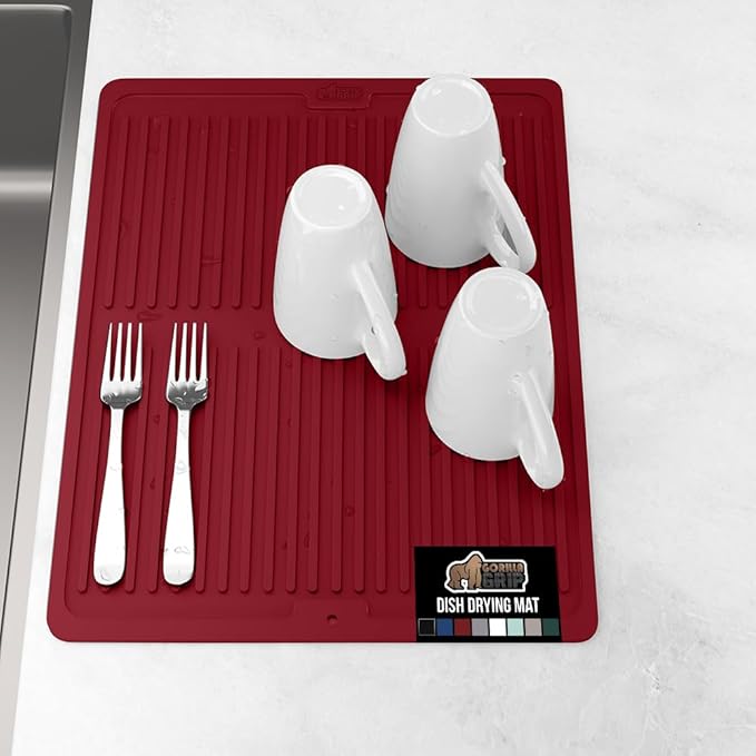 GORILLA GRIP 100% BPA-Free Patented Silicone Dish Drying Mat for Kitchen Counter, Water Catching Ribbed Design, Easy Clean Waterproof Sink Liner, Heat Resistant, Fits Under Rack, 12x16 Inch, Red