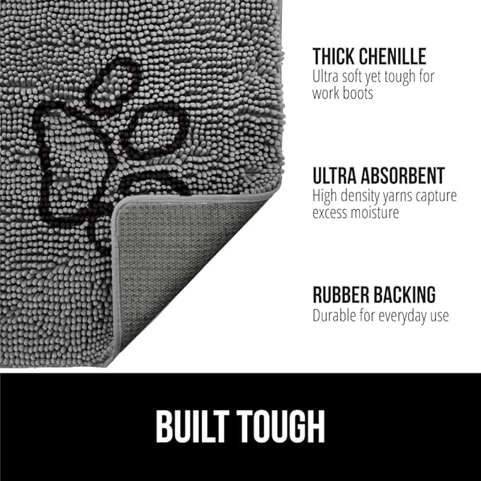 GORILLA GRIP SoakSTOPPER Dog Door Mat, 30x20 Machine Washable Rug Absorbent Doormat Captures Moisture Mud Dirt, Quick Dry Soft Chenille Entryway Rugs Indoor Entrance Mats for Dog Paws, Paw Grey