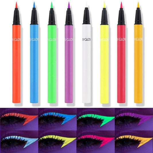 8 Colors Neon Colorful Liquid Eyeliner Makeup Set Kit Glow in the Dark Bright Rainbow Matte Colored Pigmented Graphic Liquid Eyeliners Pen Set for Body Face Paint Delineador de ojos líquido de neón