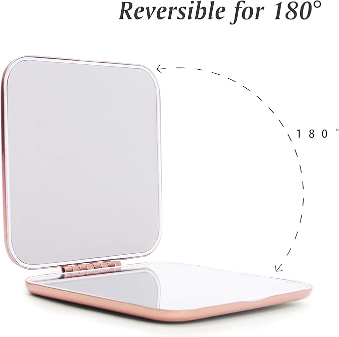 QUSTGO Compact Mirror, Pocket Travel Makeup Mirror for Purse, Metal Square Shell, 2-Sided 1X/2X Magnifying, Portable, Folding, Handheld, Rose,2 Pack