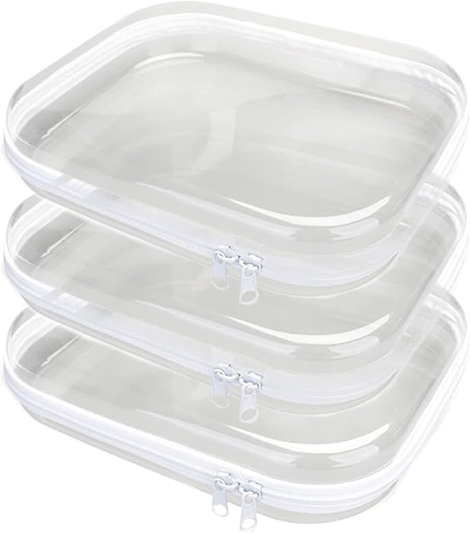 3PCS Clear Hard Plastic Zipper Case, Double Zippers Hard Pouch, Portable Travel Organizer Bin Clear Makeup Bag for Toy Storage, Snack Bag, Cosmetics, Pencil Case, Diaper Bag, Toiletry Bag (3PCS-M)