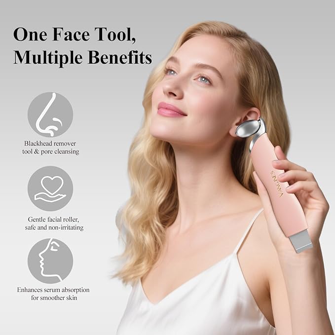 Blackhead Scraper Tool & Skin Scrubber Face Spatula for Blackhead Removal, Pore Cleaning, with Cooling Ice Roller & 2 Silicone Brush Heads (Dusty Rose)