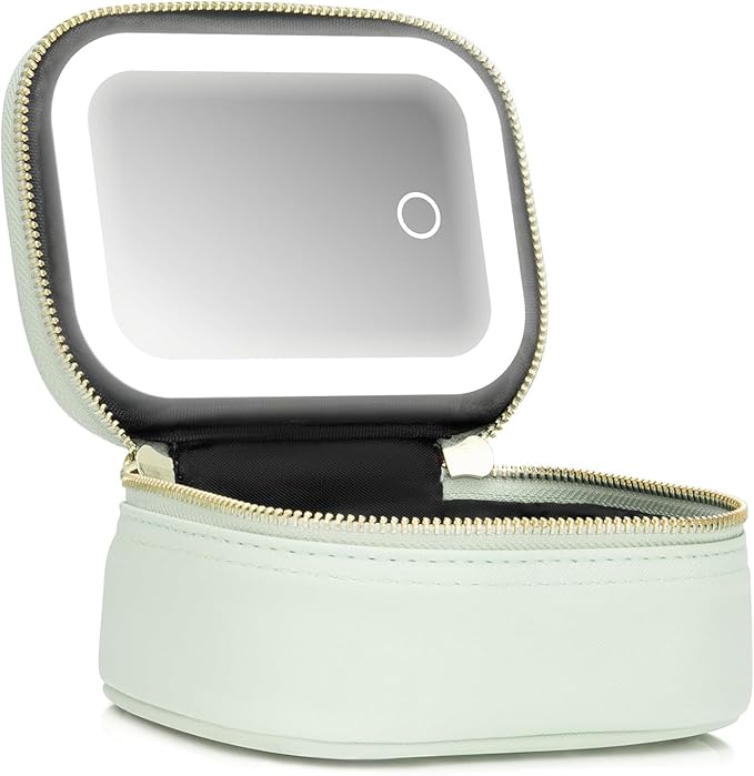 Mini Makeup Bag with Led Mirror, Small Travel Make up Bag 3 Light Modes Adjustable Brightness, for Women Organizer Cosmetic Bag, Portable Travel Train Toiletry Bag, for Pool Parties Work Touch-Ups