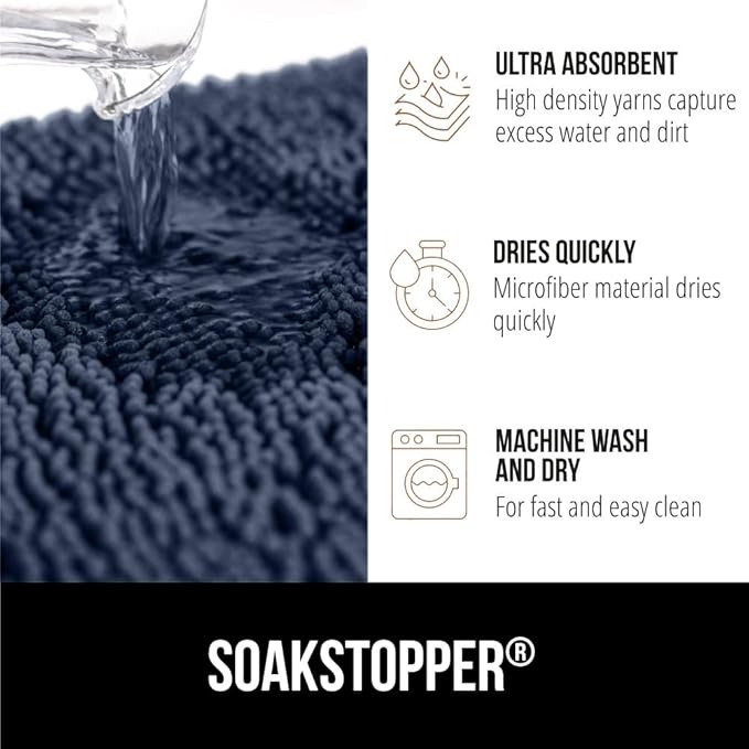 GORILLA GRIP SoakSTOPPER Dog Door Mat, 70x24 Machine Washable Rug Absorbent Doormat Captures Moisture Mud Dirt, Quick Dry Soft Chenille Entryway Rugs Indoor Entrance Mats for Dog Paws, Navy Blue