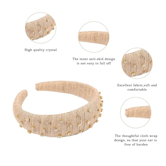 Madison Tyler Boho Headbands - Top Knot With Rhinestones, Non Slip for Outdoor & Party (Linen with Rhinestones)