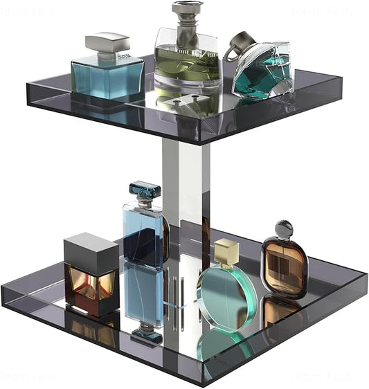 NiHome Acrylic Perfume Display Organizer, 2-Tier Cologne Organizer, Makeup Holder with Mirrored Base, Handmade Vanity Storage Versatile Countertop Tray for Cosmetics Toiletries, Gray