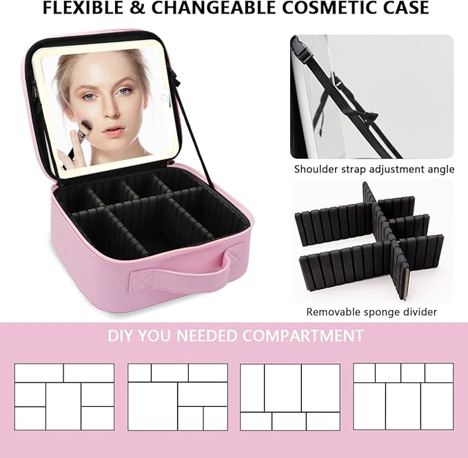Travel Makeup Bag for Women and Makeup Artists Cosmetic Organizer Large Makeup Case,Travel Makeup Bag with Mirror 3 Color Setting,Portable Storage and Adjustable Dividers(Light Pink)