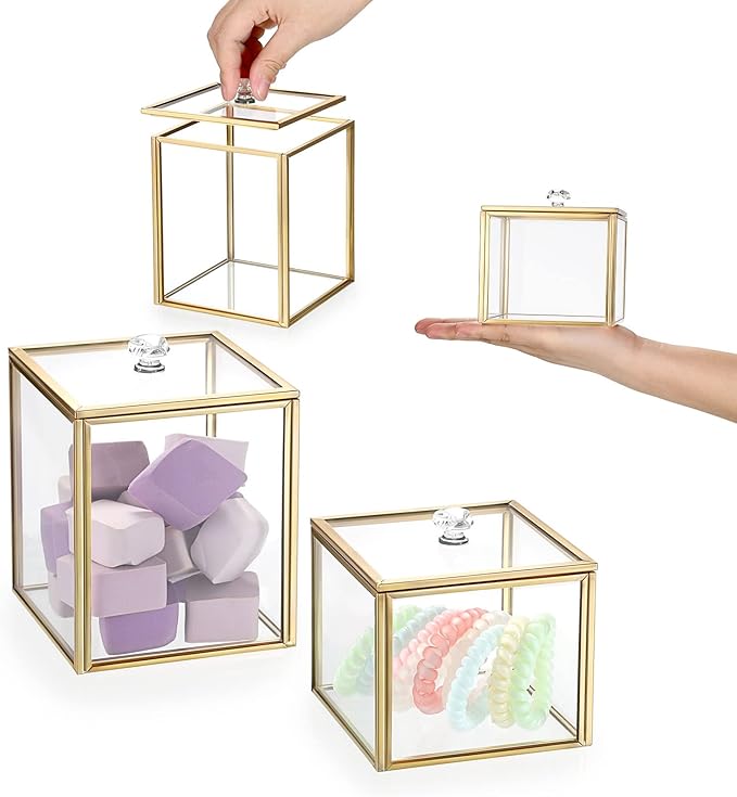 Hipiwe 2 Pack Glass Qtip Holder Dispenser With Lid Gold Bathroom Containers for Cotton Balls Makeup Sponges Bath Salts Candles Vanity Canisters Countertop Storage Organizer Jar