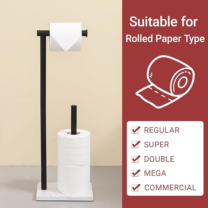 Hoooh Free Standing Toilet Paper Holder Stand with Reserve - Heavyweight Marble Base & Matte Black Stainless Steel Bathroom Tissue Roll Holder
