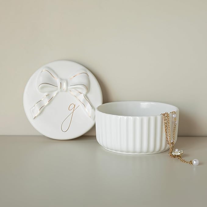 COLLECTIVE HOME - Monogram Jewelry Box with Bow, Christmas Gift Ideas for Women, Small Gift for Girlfriend Wife, Ring Holder, Earrings Dish, Birthday Gift for Her (G)