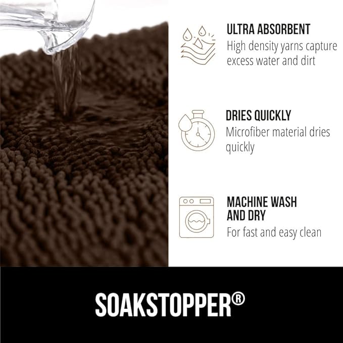 GORILLA GRIP SoakSTOPPER Dog Door Mat, 70x24 Machine Washable Rug Absorbent Doormat Captures Moisture Mud Dirt, Quick Dry Soft Chenille Entryway Rugs Indoor Entrance Mats for Dog Paws, Brown