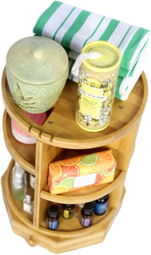 Bamboo Rotating Makeup Organizer with Adjustable Shelves & Drawer - Multipurpose Storage Carousel for Vanity, Bathroom, Kitchen, Bedroom, Desk