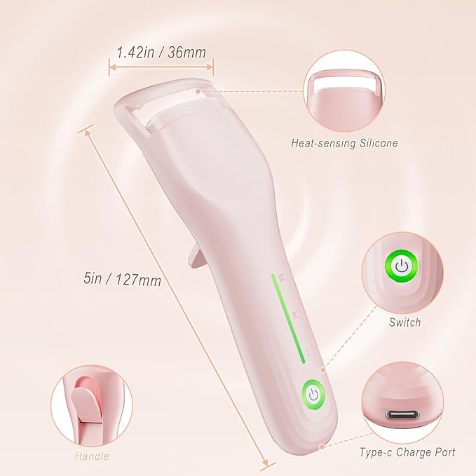 Heated Eyelash Curler, Type-C Rechargeable with 3 Temp Settings & Safe Silicone Pad for Natural Curls, Travel-Friendly (Pink)
