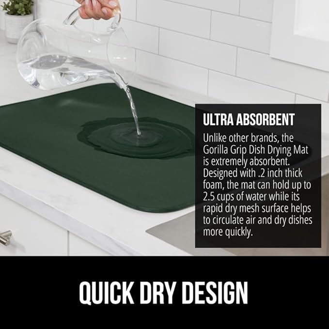 GORILLA GRIP Ultra Water Absorbent Microfiber Dish Drying Mat, Quick Dry Thick Mesh, Slip Resistant Pad for Sink Dishes or Under Rack, Kitchen Counter Accessories, Machine Wash, 18x16, Hunter Green