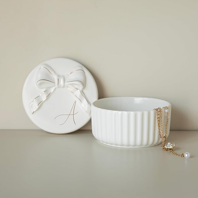 COLLECTIVE HOME Monogram Initial Jewelry Box with Bow - Elegant Ring Holder & Earring Dish | Christmas Gift Idea for Women, Unique Birthday Present for Herr (A)