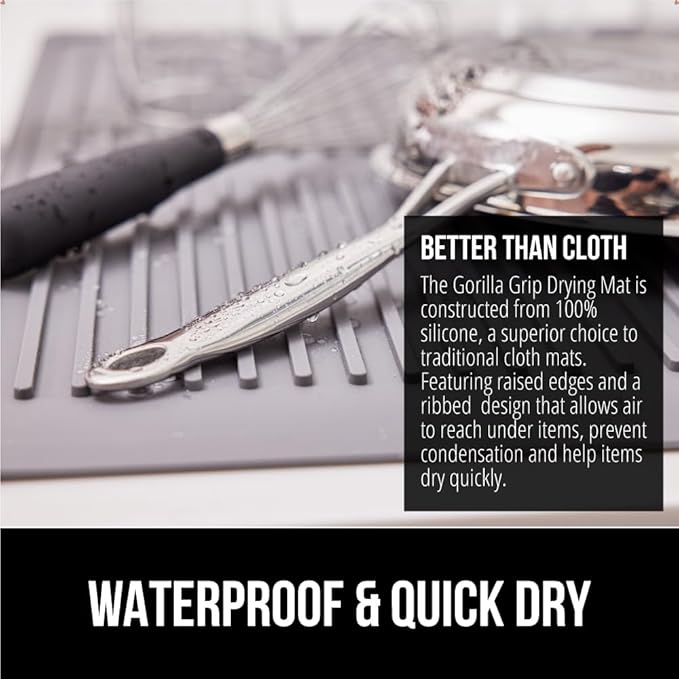 GORILLA GRIP 100% BPA-Free Patented Silicone Dish Drying Mat for Kitchen Counter, 18x24 Inch, Water Catching Ribbed Design, Easy Clean Waterproof Sink Liner, Heat Resistant, Fits Under Rack, Gray