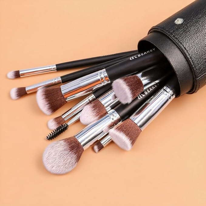 BEAKEY Makeup Brushes Sets, Brush Sets with Makeup Sponges (10+2pcs, with Black Case)