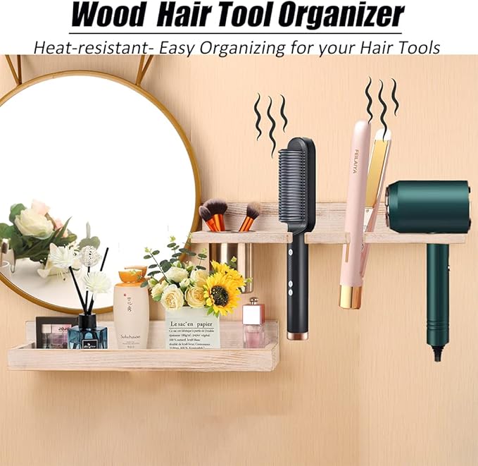 Hair Tool Organizer Wall Mount Holder, Set of 2 Layer Rustic Blow Dryer Holder, Hair Product Organizer Wooden Storage for Hair Dryer, Curling Iron, Hot Tools, Vanity Accessories, Makeup, Toiletries