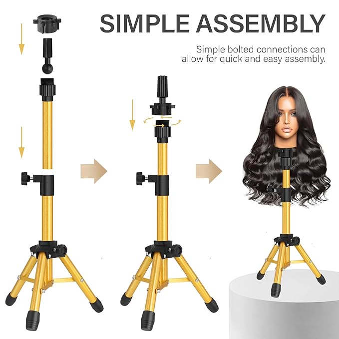 Wig Stand Tripod, 25 Inch Adjustable Mannequin Head Stand, Wig Head Stand for Training Heads And Canvas Block Head (Golden, Mannequin Head Not Included)