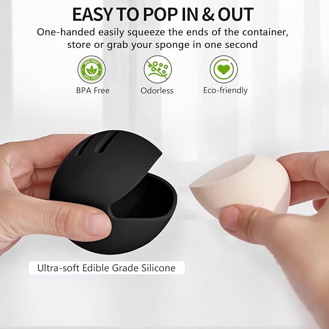Makeup Sponge Holder,Double-sided Breathable Silicone Beauty Blender Holder,Integrated Make Up Sponge Travel Case for All Sponges,Black