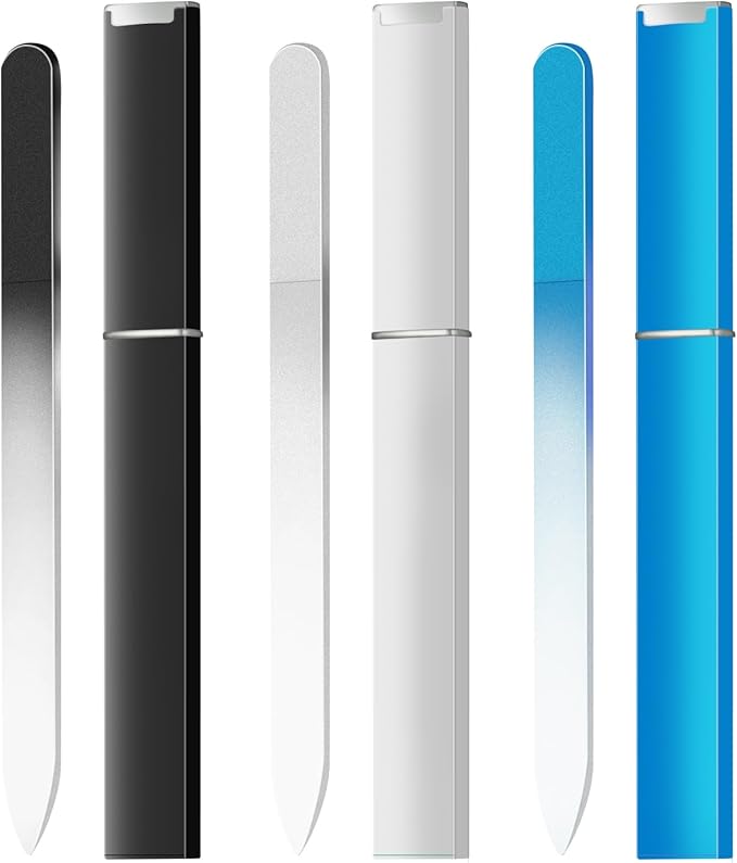 Glass Nail Files Double Side Polish Crystal Fingernail File with Case Manicure Salon Nail Care for Women Girls Black White Blue, 240 Grit, 3 Pack