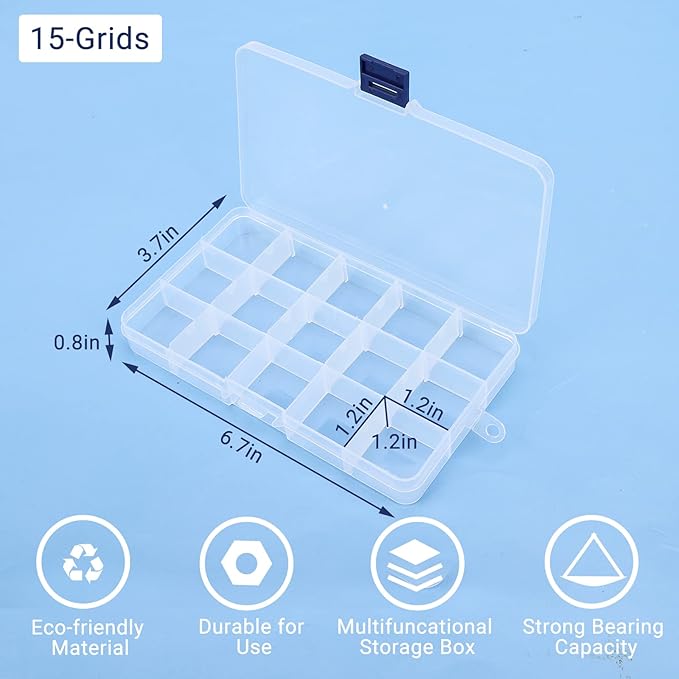 Bead Organizer Box, 2PCS 15 Compartment Craft Storage Container with Removable Divider, Plastic Empty Case for Jewelry Rhinestone Charms Crystal Press On Fake Nail, Hair Stuff Small Accessory