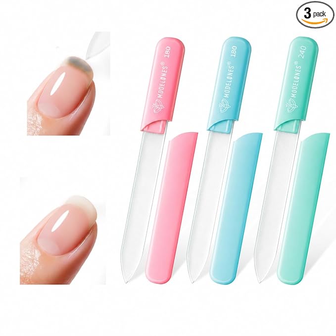 Modelones Nail Files, 3 PCS Crystal Glass Nail Files with 180/240 Grit – Double-Sided Reusable Fingernail Buffers & Cuticle Remover for Home, Travel, and Salon Manicure