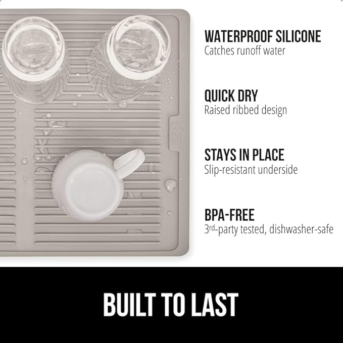 GORILLA GRIP 100% BPA-Free Patented Silicone Dish Drying Mat for Kitchen Counter, Water Catching Ribbed Design, Easy Clean Waterproof Sink Liner, Heat Resistant, Fits Under Rack, 11x13 Inch, Almond