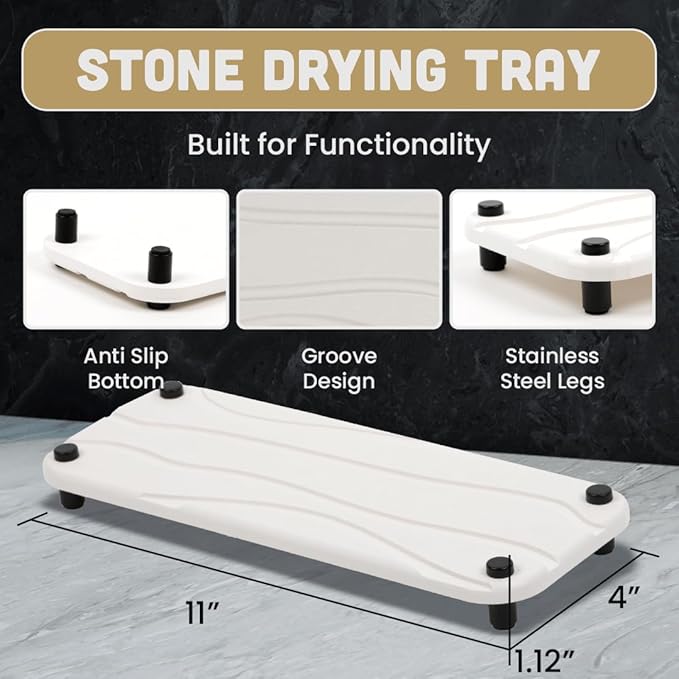 2pc Stone Drying Tray - Diatomite Sink Caddy Kitchen Sink Organizer - Water Absorbing Bathroom Counter Mat - Absorbent Kitchen Soap Tray (White)