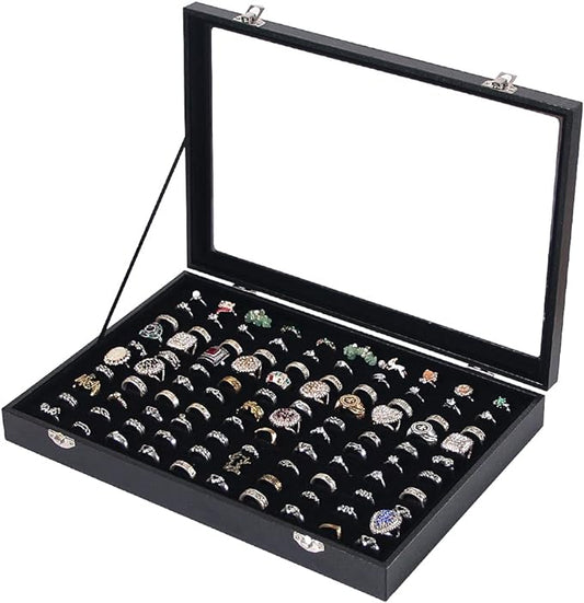 Ring Holder Organizer Box, Jewelry Display Case, Earring Necklace Storage Tray With Top Glass Lid (Black, 100 Slots)