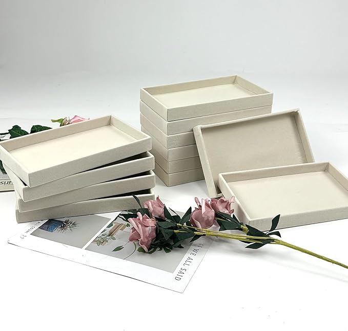 12 Pack Velvet Jewelry Trays, 8.3x5x1 Inches Premium Stackable Jewelry Drawers Organizer Inserts for Women Girls, Beige Jewelry Storage Display Trays for Necklace Earring Ring Bracelet (1 grid)