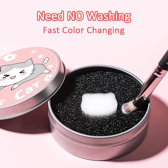 Makeup Brush Cleaner - 4 Pack Color Removal Sponge Brush Cleaner with One Silver Tin and Lid - Stipple Sponge for Quick Color Switch, Travel (Cat)