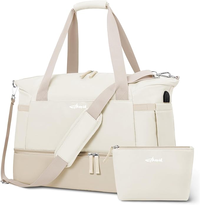 ETRONIK Gym Bag for Women, 45L Carry On Travel Duffel Bag with Shoes Compartment, Weekender Overnight Bag with Wet Pocket & USB Charging Port for Women, Travel, Gym, Weekend, Large Size (Khaki//Beige)