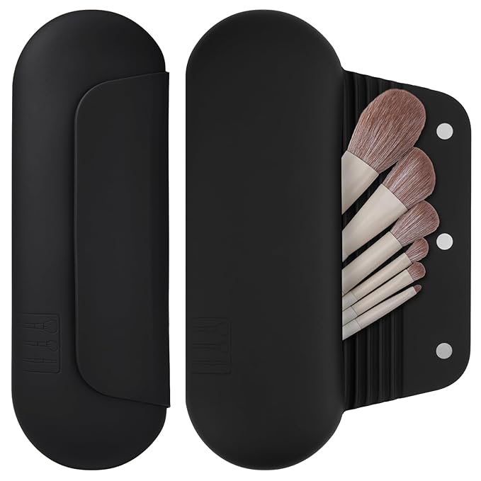 Silicone Makeup Brush Holder Travel Cosmetic Bag：Soft Portable Cosmetic Face Brushes Holder with Upgrade Anti-Fall Out Magnetic Closure, Large Travel Makeup Brush Case - Black