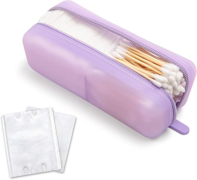 Cotton Pad Swab Travel Case – 2-in-1 Portable Waterproof Qtips Dispenser for Cotton Square Pad & Qtip, Floss, Bobbi Pin, Nail Kit, Hair Accessories Organizer TSA Compliance – VISFRESH (Purple)
