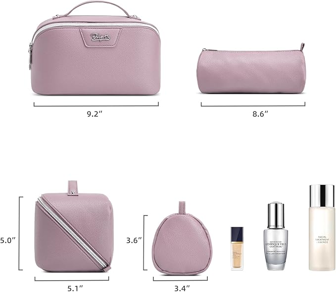 BOYATU Travel Makeup Bag Cosmetic Bags for Women: Large Capacity 3 Pcs Set Make up Bag with Compartments - Waterproof Vegan Leather Toiletry Organizer Bags with Handle (N-69Purple)