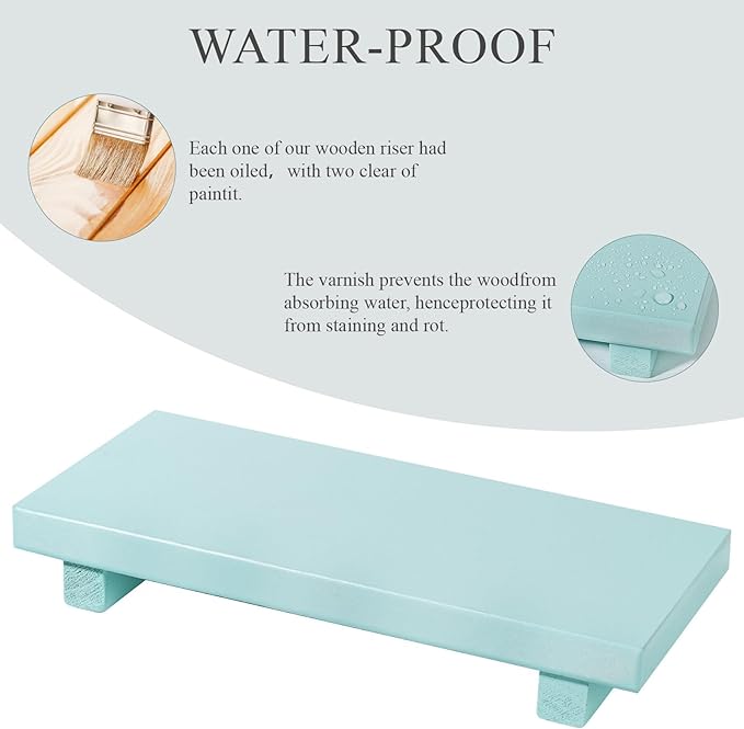 zoocatia Small Wood Tray Pedestal Stand Farmhouse Bathroom Decor Decorative Wooden Riser Kitchen Soap Dish Holder for Vanity, Counter, Sink, Light Blue