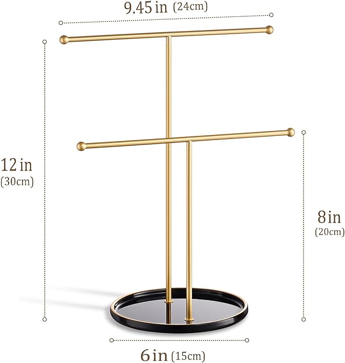 Gold Jewelry Holder Stand with Ceramic Tray: Small Hanging Necklace Organizer Tree for Earrings, Bracelets, Rings – Jewelry Display Hanger for Women & Girls, Black