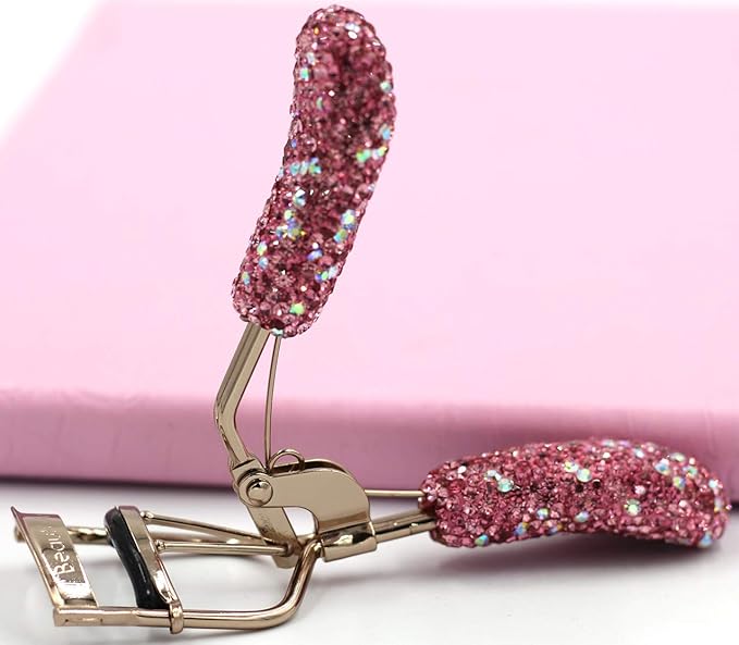 Bling Makeup Eyelash Curler with Refill Silicone Pressure Pads and Spring Loaded for No Pinching or Pulling (Pink)