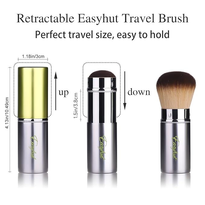 Easyhut Retractable Kabuki Makeup Brushes 2 Pcs Blush Brushes Set Portable Powder Brushes with Flat and Angled Top for Liquid Cream Cosmetics Travel, large/1.18inch(Silver Green)